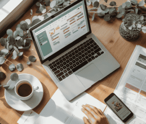 Event planner's desk with laptop showing an AI-generated event timeline, seating chart, and phone, representing AI tools for event planners in the USA