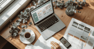Event planner's desk with laptop showing an AI-generated event timeline, seating chart, and phone, representing AI tools for event planners in the USA