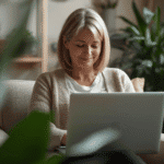 Therapist reviewing an AI-generated therapy session note on a laptop in a US private practice office