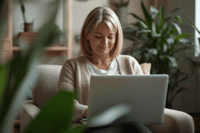 Therapist reviewing an AI-generated therapy session note on a laptop in a US private practice office