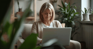 Therapist reviewing an AI-generated therapy session note on a laptop in a US private practice office