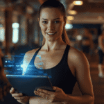 Personal trainer using an AI workout-building app on a tablet in a US gym