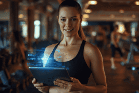 Personal trainer using an AI workout-building app on a tablet in a US gym