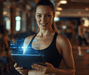 Personal trainer using an AI workout-building app on a tablet in a US gym