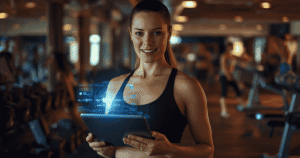 Personal trainer using an AI workout-building app on a tablet in a US gym