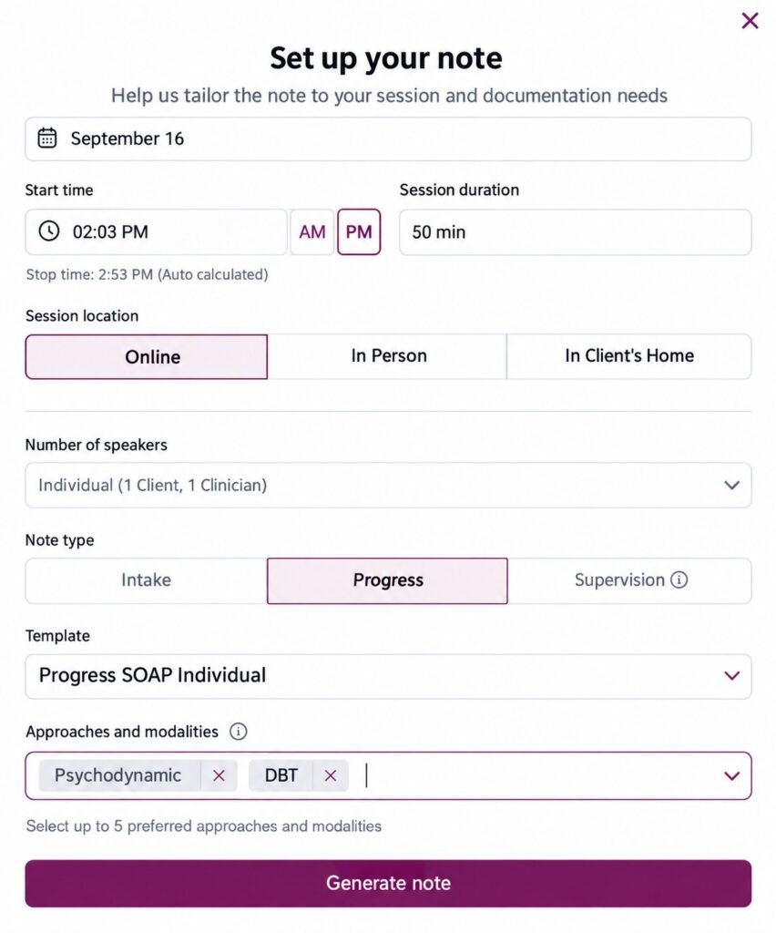 Mentalyc AI generating a SOAP progress note from a therapy session recording
