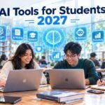 Students using AI tools for research, writing, productivity, and creative projects in a modern library in 2027.