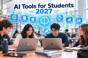 Students using AI tools for research, writing, productivity, and creative projects in a modern library in 2027.