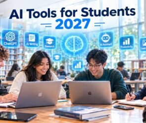 Students using AI tools for research, writing, productivity, and creative projects in a modern library in 2027.