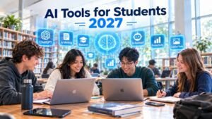 Students using AI tools for research, writing, productivity, and creative projects in a modern library in 2027.