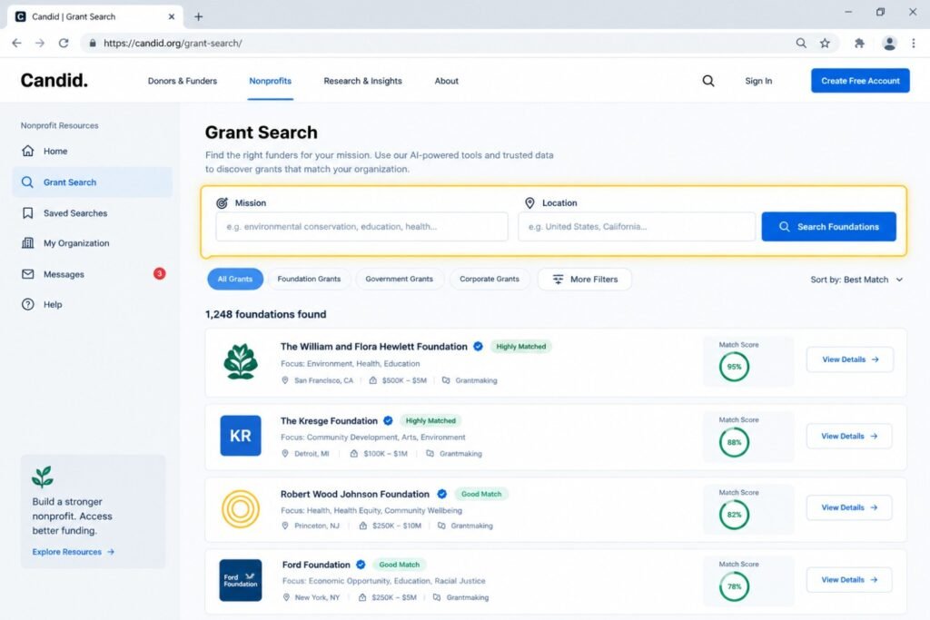 Candid AI fundraising assistant dashboard showing nonprofit grant search, mission and location filters, foundation matches, and funding opportunities.