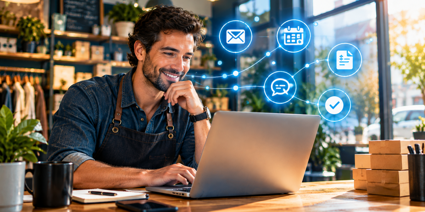 Small business owner using AI workflow automation for small business on a laptop with connected workflow icons