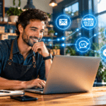 Small business owner using AI workflow automation for small business on a laptop with connected workflow icons