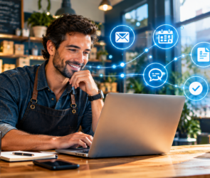 Small business owner using AI workflow automation for small business on a laptop with connected workflow icons
