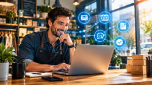 Small business owner using AI workflow automation for small business on a laptop with connected workflow icons