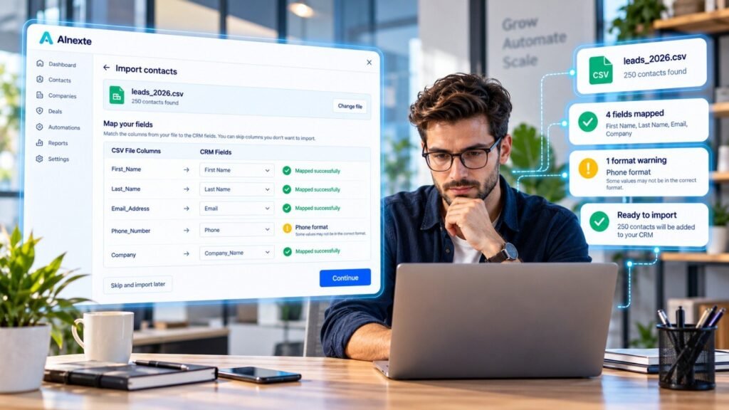 AI CRM CSV import mapping dashboard displayed beside a male business professional using a laptop, showing 250 contacts, mapped customer fields, green success indicators, and a phone-format warning in AInexte CRM.