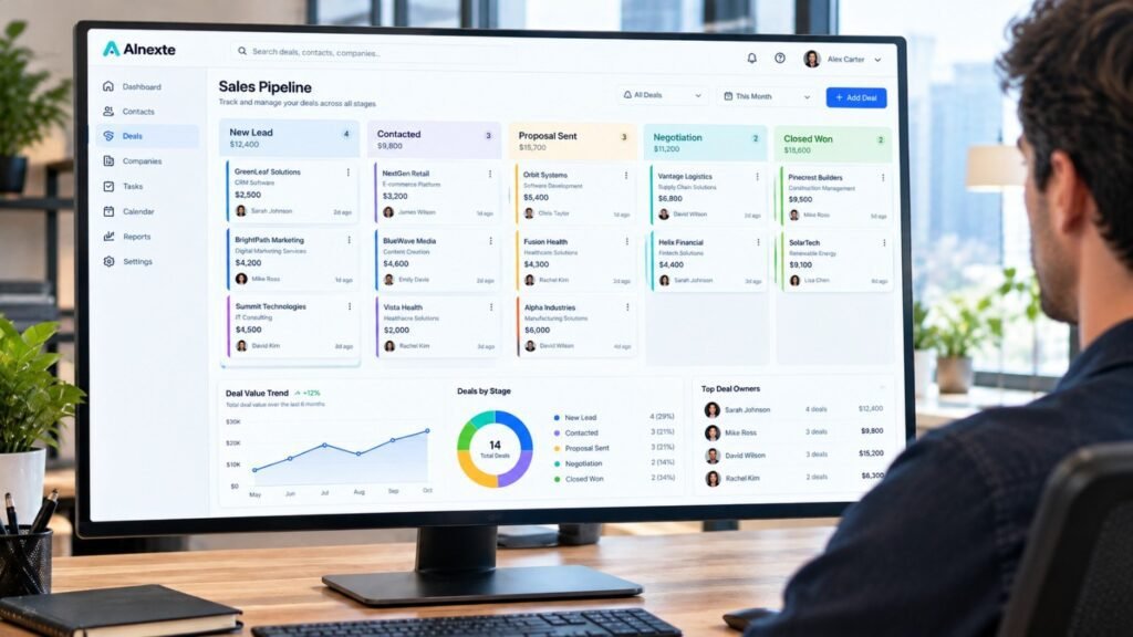AInexte CRM sales pipeline dashboard showing five deal stages, company deal cards with values and owner avatars, sales trend analytics, deal distribution charts, and top-performing sales representatives on a monitor viewed by a business professional.
