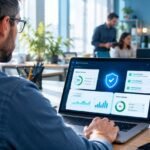 Small business owner reviewing an AI cybersecurity dashboard showing blocked threats on a laptop.