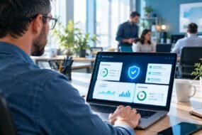 Small business owner reviewing an AI cybersecurity dashboard showing blocked threats on a laptop.