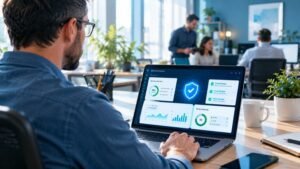 Small business owner reviewing an AI cybersecurity dashboard showing blocked threats on a laptop.
