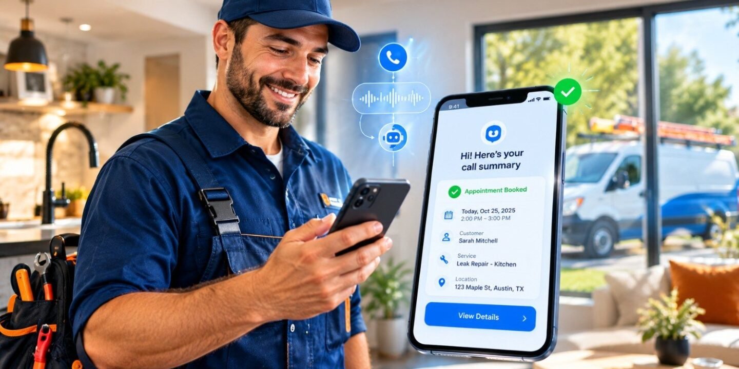 Small business owner viewing an AI phone answering call summary with a booked appointment on his smartphone.
