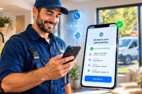 Small business owner viewing an AI phone answering call summary with a booked appointment on his smartphone.
