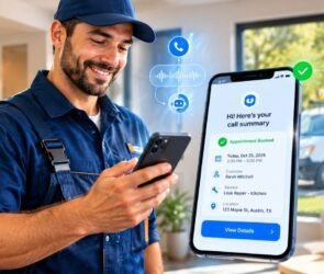 Small business owner viewing an AI phone answering call summary with a booked appointment on his smartphone.