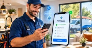 Small business owner viewing an AI phone answering call summary with a booked appointment on his smartphone.
