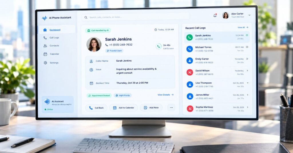 AI phone assistant dashboard displaying call summaries, caller details, urgent service inquiries, appointment booking information, and recent call logs on a desktop monitor.