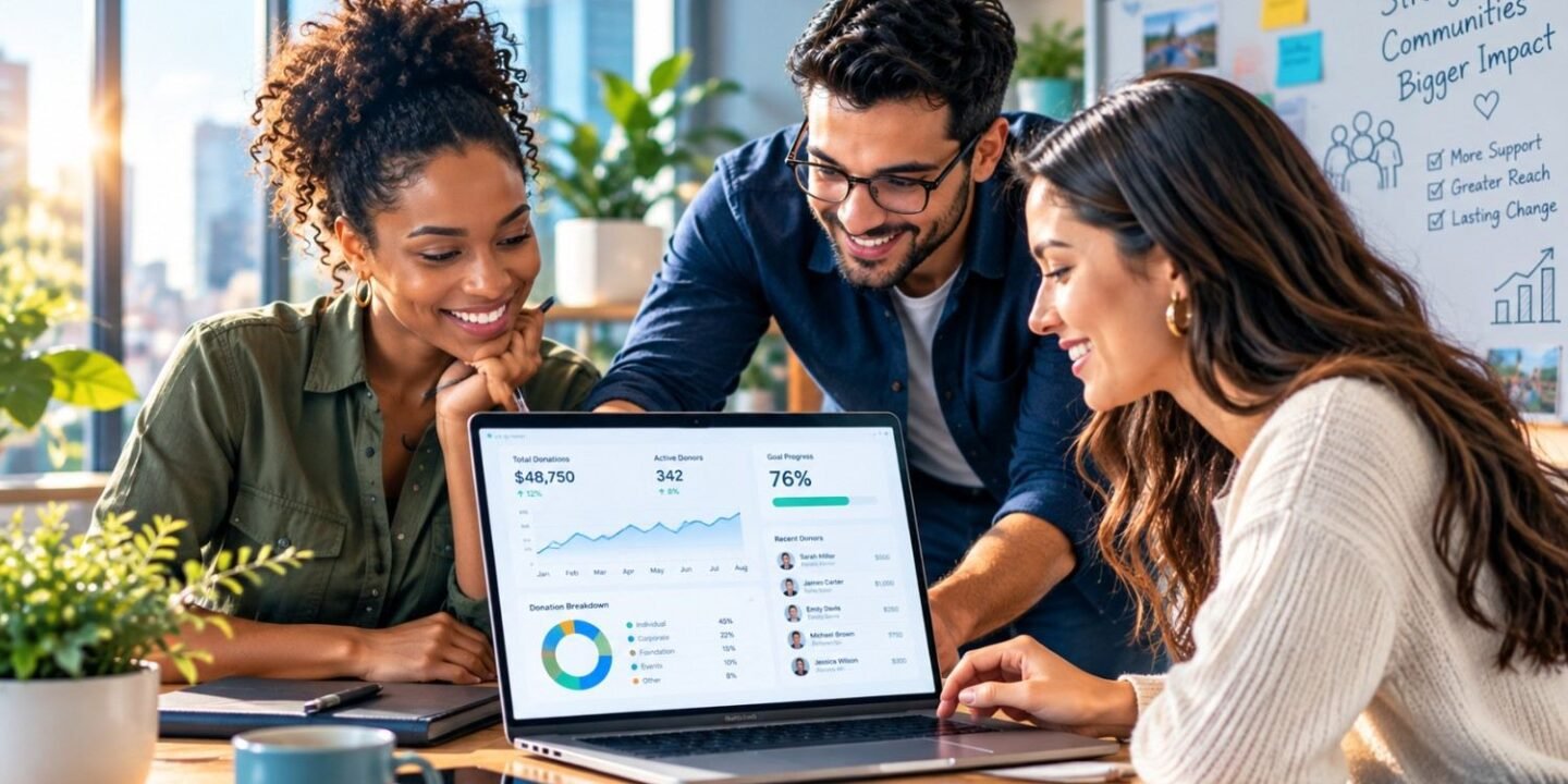 Nonprofit team reviewing an AI fundraising dashboard on a laptop in a modern office.