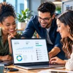 Nonprofit team reviewing an AI fundraising dashboard on a laptop in a modern office.
