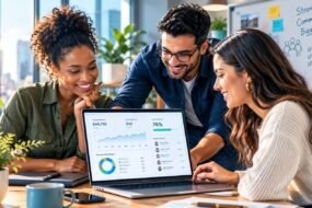 Nonprofit team reviewing an AI fundraising dashboard on a laptop in a modern office.