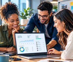 Nonprofit team reviewing an AI fundraising dashboard on a laptop in a modern office.