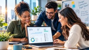 Nonprofit team reviewing an AI fundraising dashboard on a laptop in a modern office.