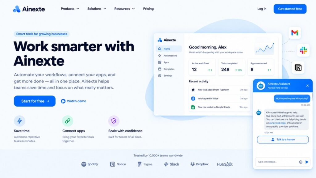 Ainexte website landing page featuring a modern SaaS dashboard, workflow automation tools, app integrations, and an open customer-support chatbot with a visible “Talk to a human” button in the bottom-right corner.