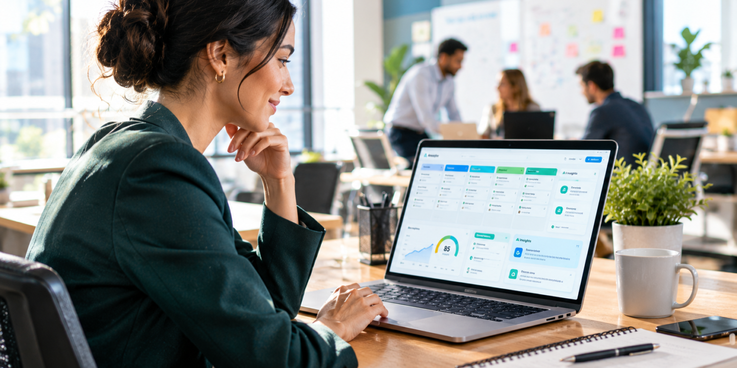 Small business owner reviewing an AI CRM dashboard with sales pipeline on a laptop Title: Best AI CRM Tools for Small Business in 2027