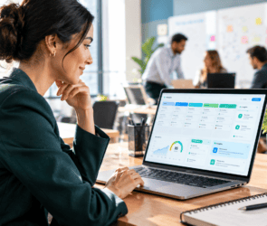 Small business owner reviewing an AI CRM dashboard with sales pipeline on a laptop Title: Best AI CRM Tools for Small Business in 2027