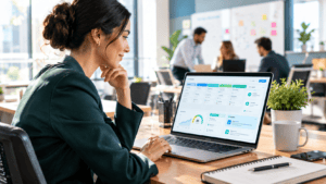 Small business owner reviewing an AI CRM dashboard with sales pipeline on a laptop Title: Best AI CRM Tools for Small Business in 2027