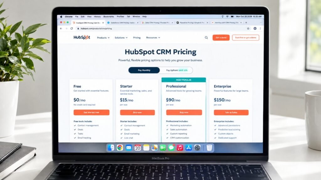 MacBook Pro displaying a HubSpot CRM pricing table with browser tabs for Salesforce, Zoho CRM, Pipedrive, and monday CRM for comparing AI CRM tools for small businesses in 2027.