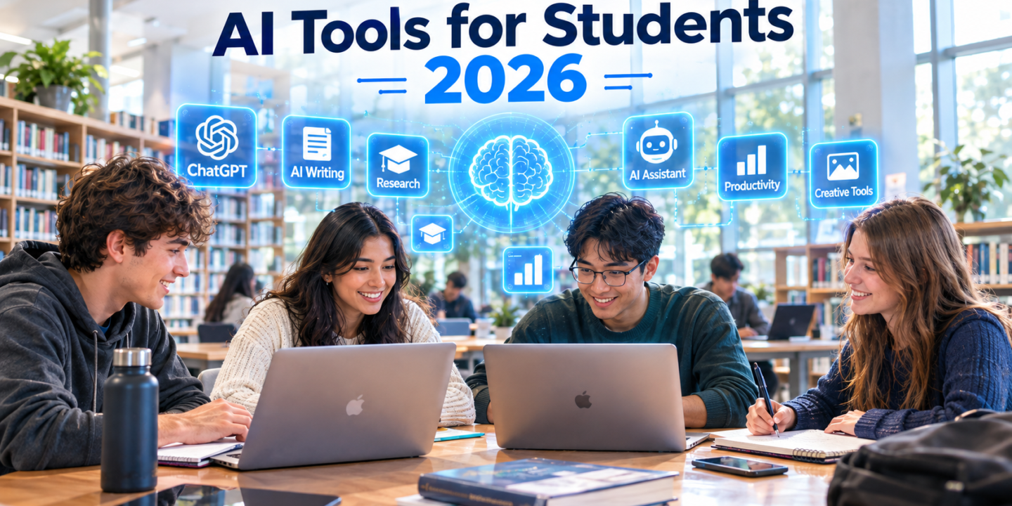 tudents using laptops in a library with AI tool icons for ChatGPT, writing, research and productivity floating above