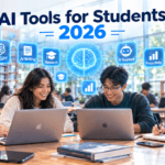 tudents using laptops in a library with AI tool icons for ChatGPT, writing, research and productivity floating above