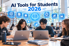 tudents using laptops in a library with AI tool icons for ChatGPT, writing, research and productivity floating above