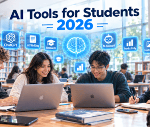 tudents using laptops in a library with AI tool icons for ChatGPT, writing, research and productivity floating above