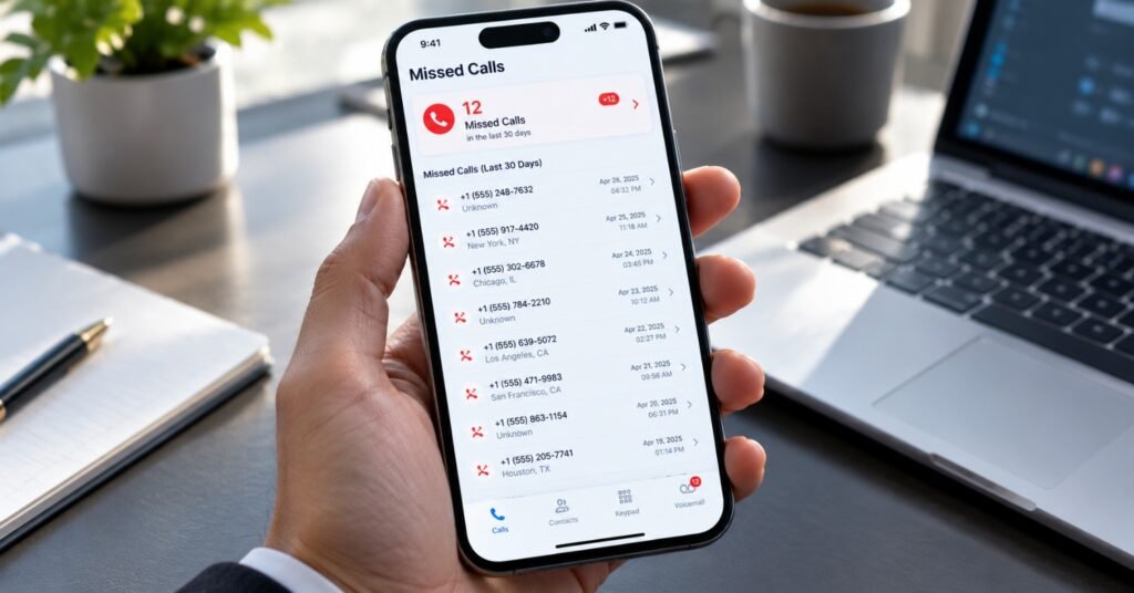 Smartphone displaying a missed call log with a red notification badge and recent call timestamps on a desk in a modern office.