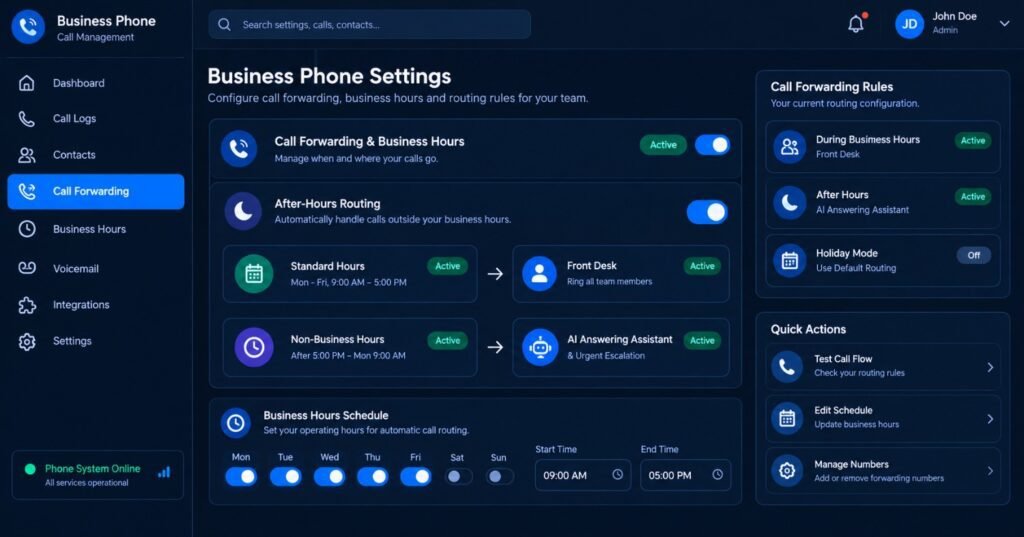 Business phone settings dashboard showing after-hours call forwarding, business hours scheduling, front desk routing, and AI answering assistant configuration.