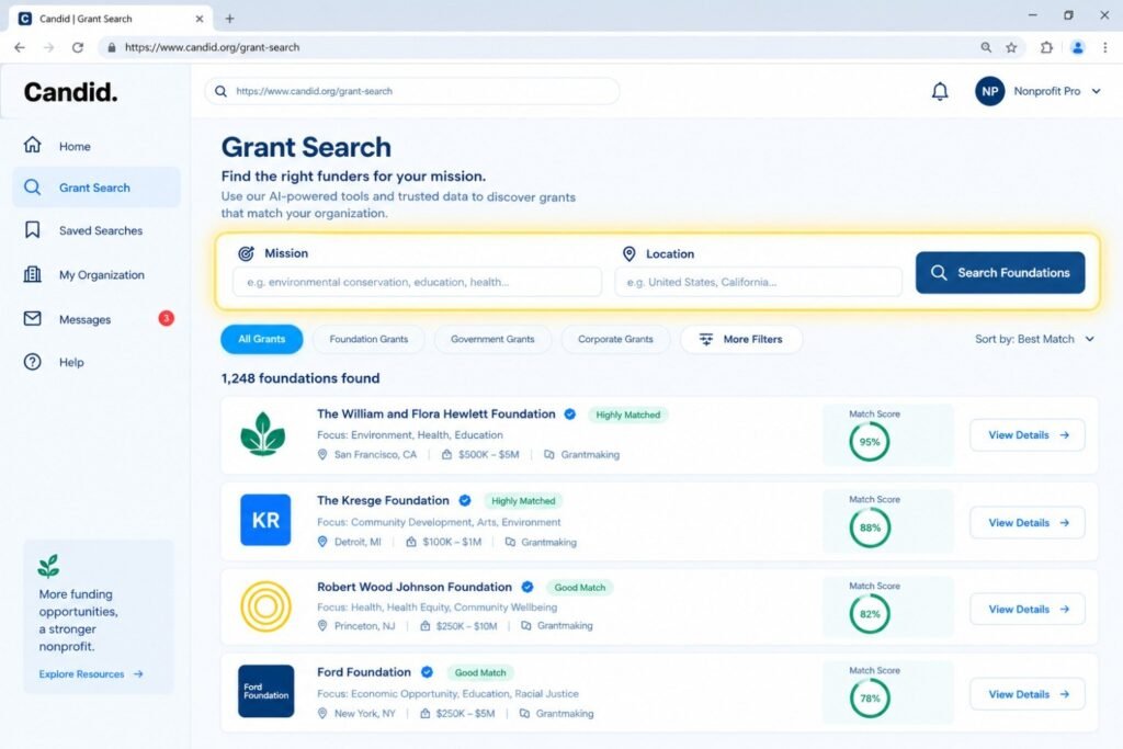 Candid AI fundraising assistant grant search interface displaying mission and location search fields, foundation funding opportunities, grant filters, and foundation match scores.