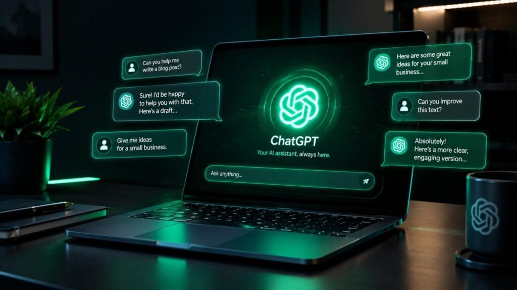 ChatGPT AI assistant glowing on a futuristic laptop screen in a dark room