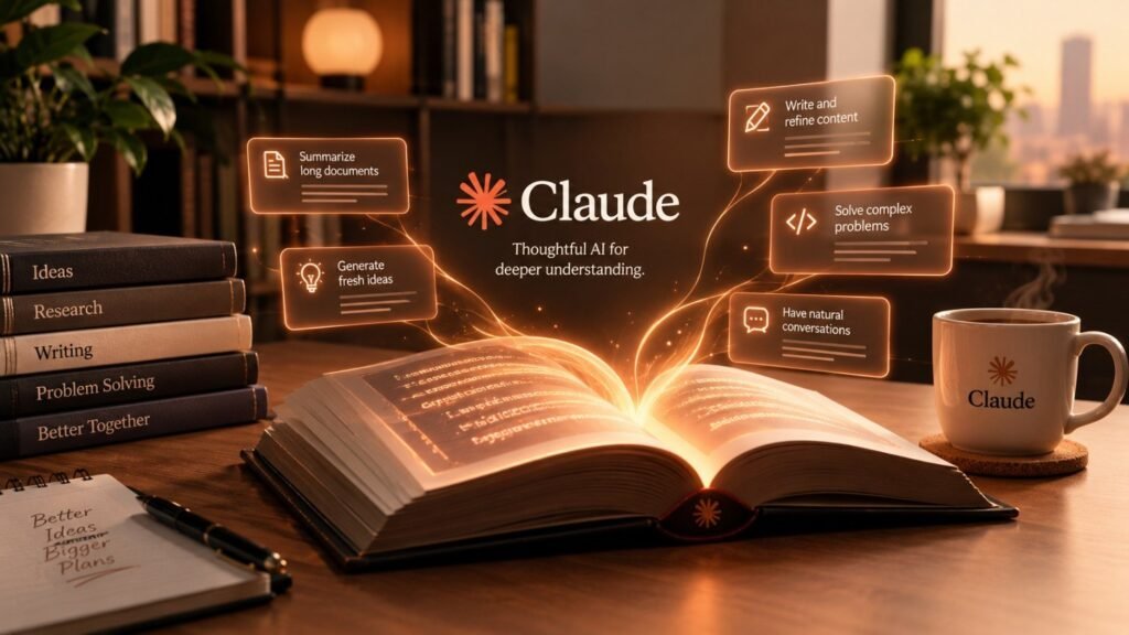 Claude AI assistant concept with a glowing book in a warm minimal office