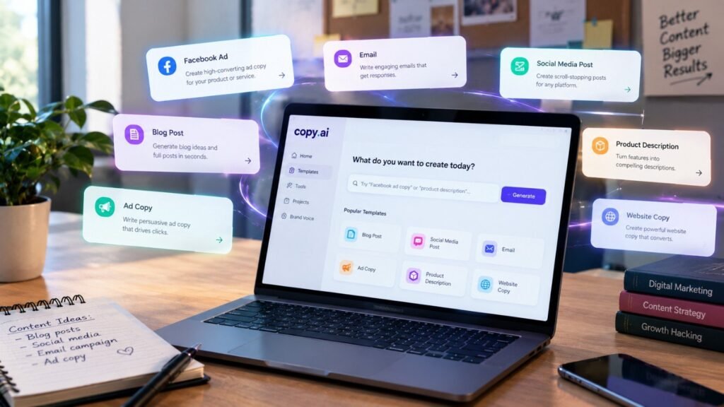 Copy.ai dashboard with AI copywriting templates for blogs, ads, emails, and social media
