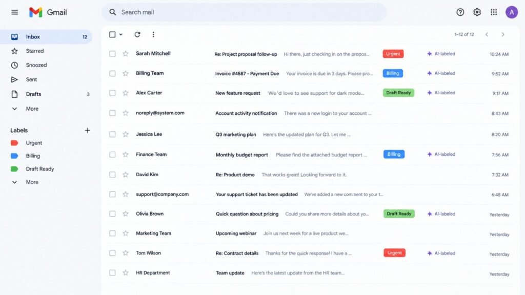 Gmail inbox interface displaying AI-labeled emails with color-coded Urgent, Billing, and Draft Ready tags, sparkle icons indicating automatic AI categorization, and a clean email list with sender names, subject lines, and timestamps.